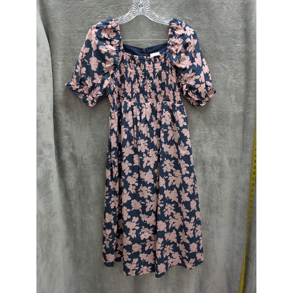 The Nines By Hatch Midi Dress Maternity S Navy Pink Floral Smock Puff Sleeve‎